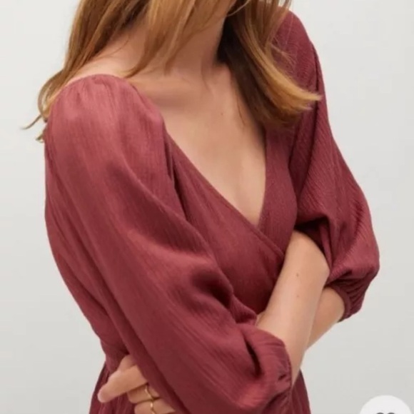 MNG puff balloon 3/4 sleeve wrap front midi dress marron pink - Picture 6 of 6